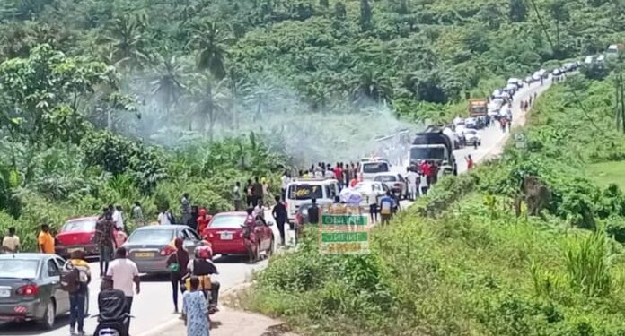 Photos: Moving fuel tanker catches fire at Ayensukrom