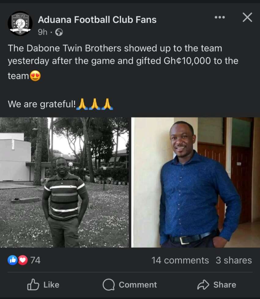 Dabone Twin brothers dashed Ghc 10,000 to Aduana FC for beating Hearts ...